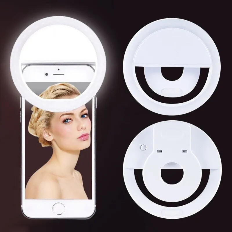 Photography Lightning - ไฟวงแหวน LED แบบชาร์จไฟได้พร้อมคลิปหนีบโทรศัพท์ไฟถ่ายวิดีโอแหวนสำหรับ iPhone Samsung Xiaomi