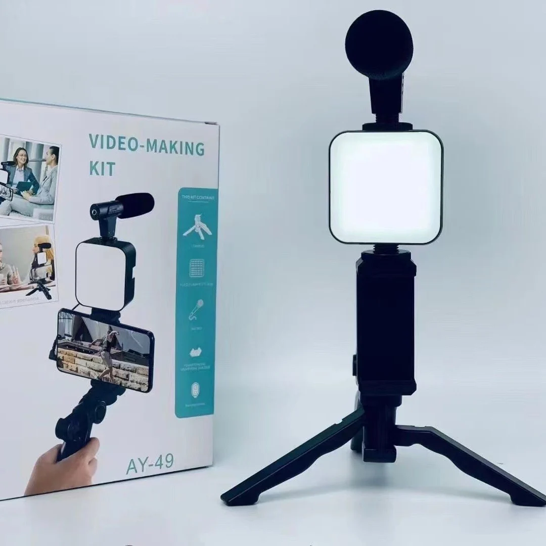 Photography Led Lighting Kit - สมาร์ทโฟน Vlogging ชุดขาตั้งกล้องผู้ถือโทรศัพท์มินิไมโครโฟน LED เติมแสง Starter
