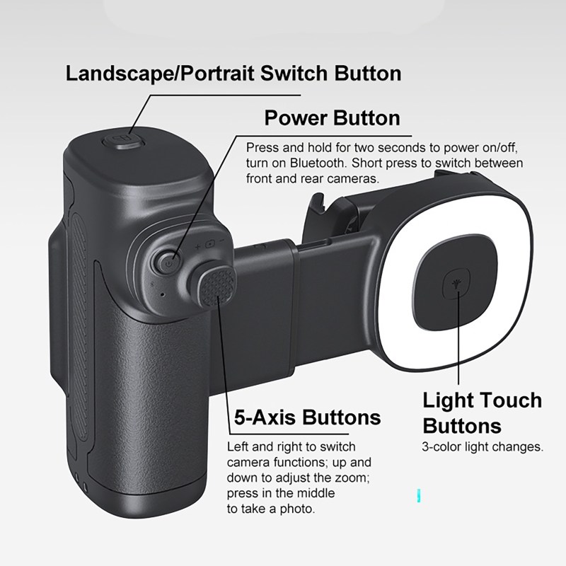 Photography Lighting Assistant - อุปกรณ์ช่วยถ่ายภาพมือถือ มาพร้อมไฟเติมแสงสามสี ตัวกันสั่นสำหรับถ่ายภาพด้วยโทรศัพท์ พร้อมที่จับสำหรับเซลฟี่ ใช้ได้กับโทรศัพท์และกล้อง